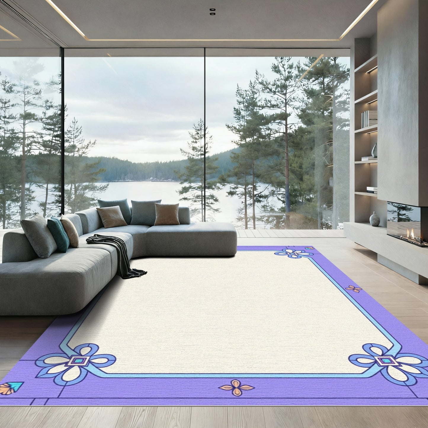Pastel Lavender Blue Floral Border Rug