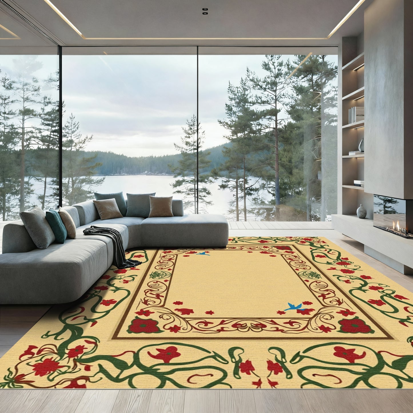 Crimson Floral Vines Birds Rug