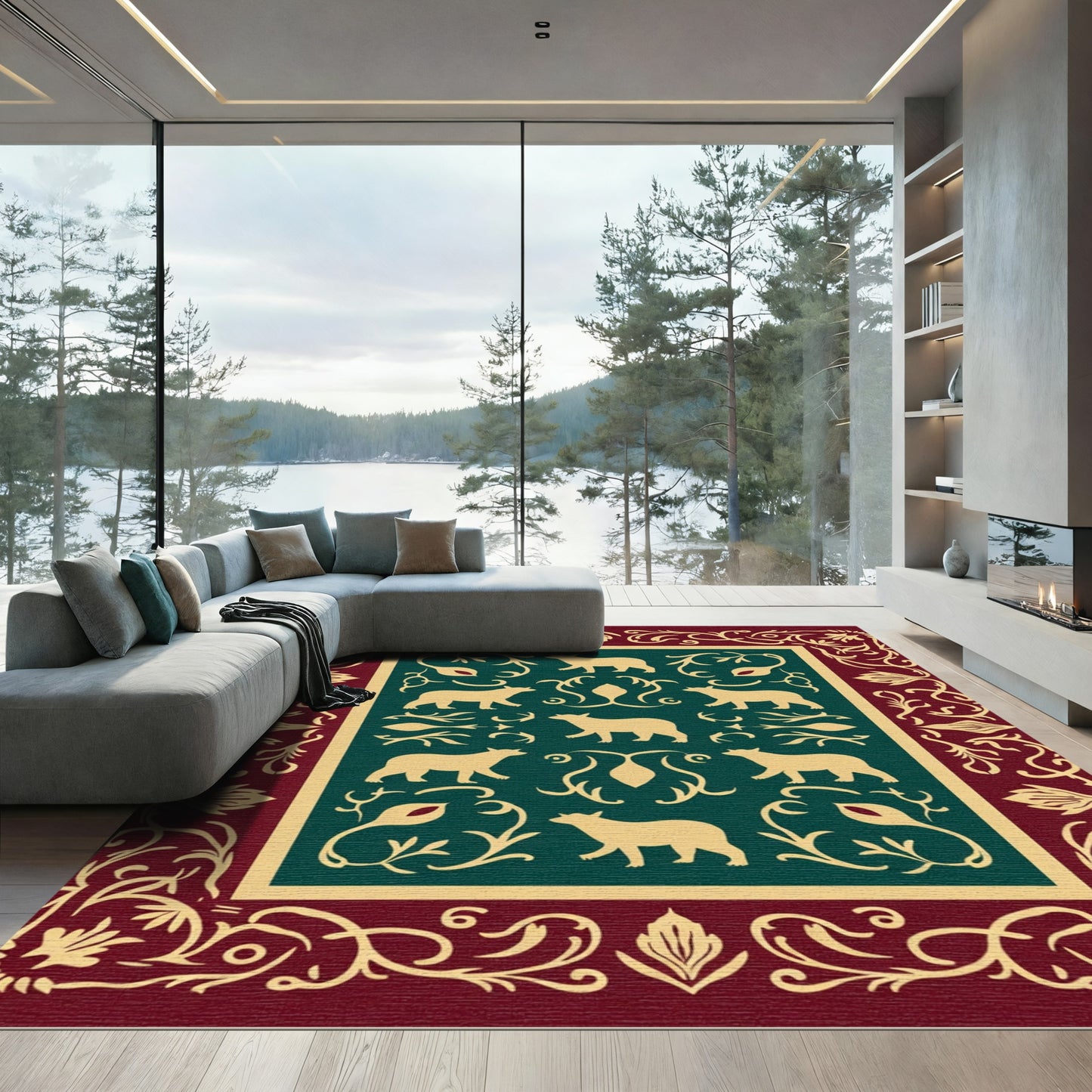 Regal Burgundy Bear Animal Medallion Rug