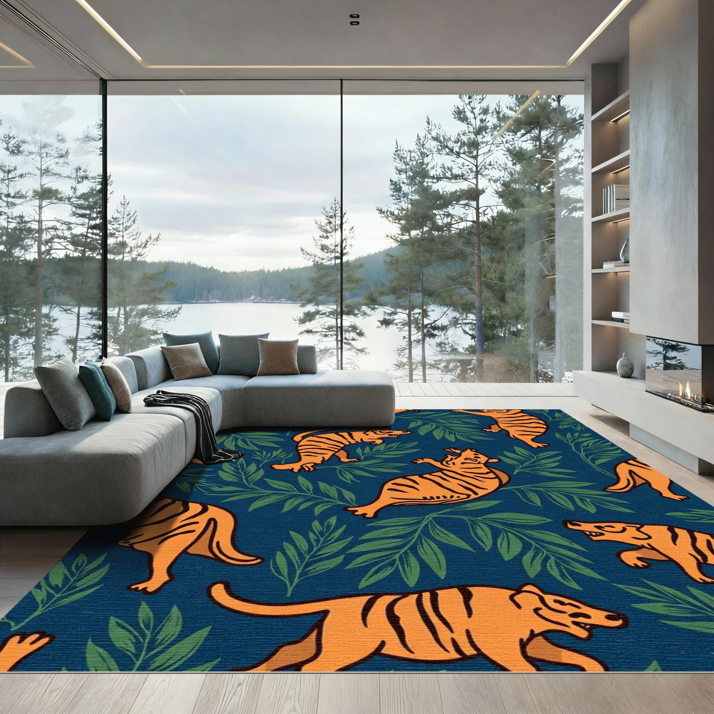 Amber Tigers Amidst Green Foliage Rug