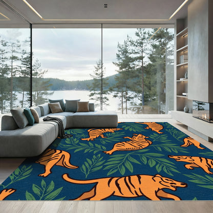 Amber Tigers Amidst Green Foliage Rug
