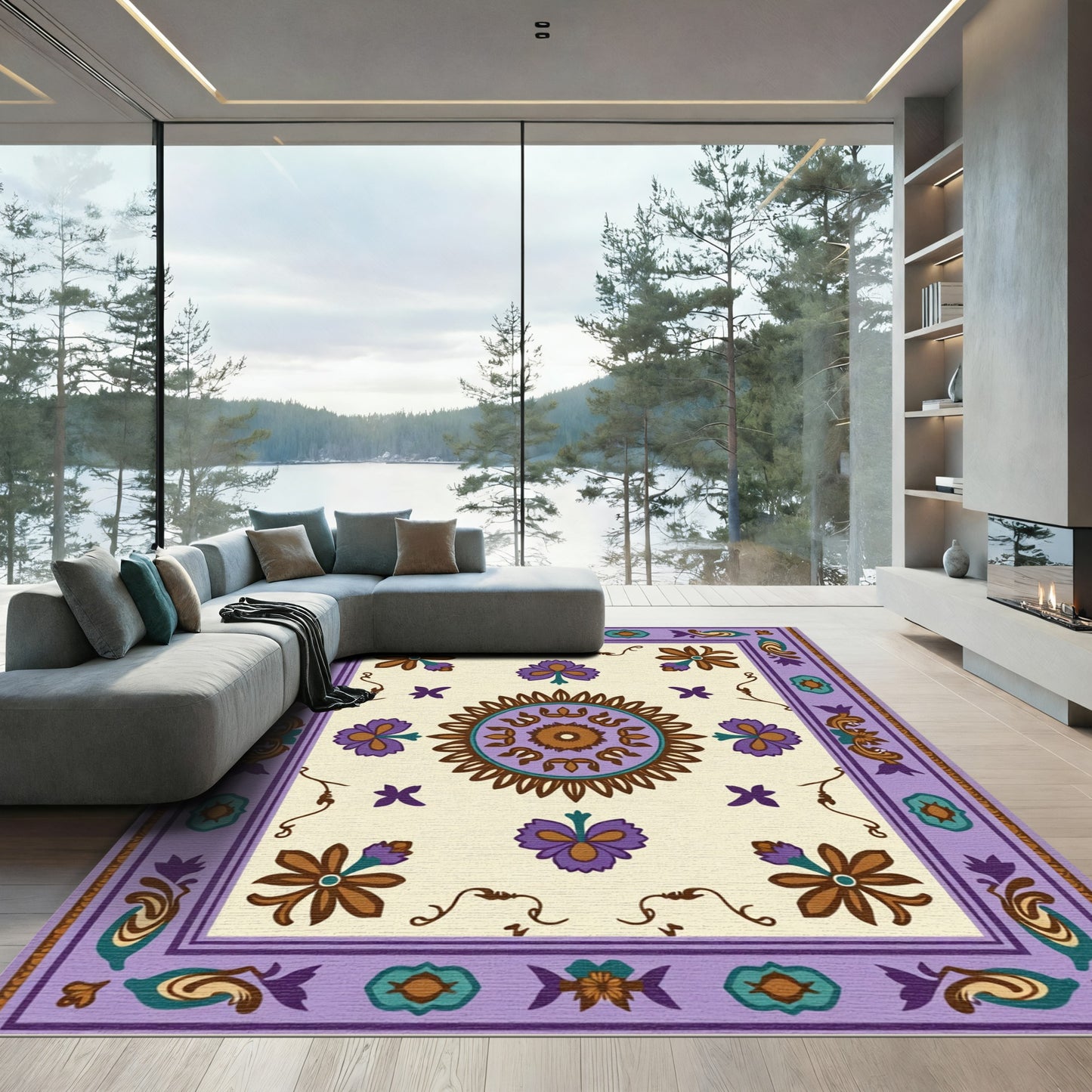 Ornate Purple Flower Medallion Border Rug