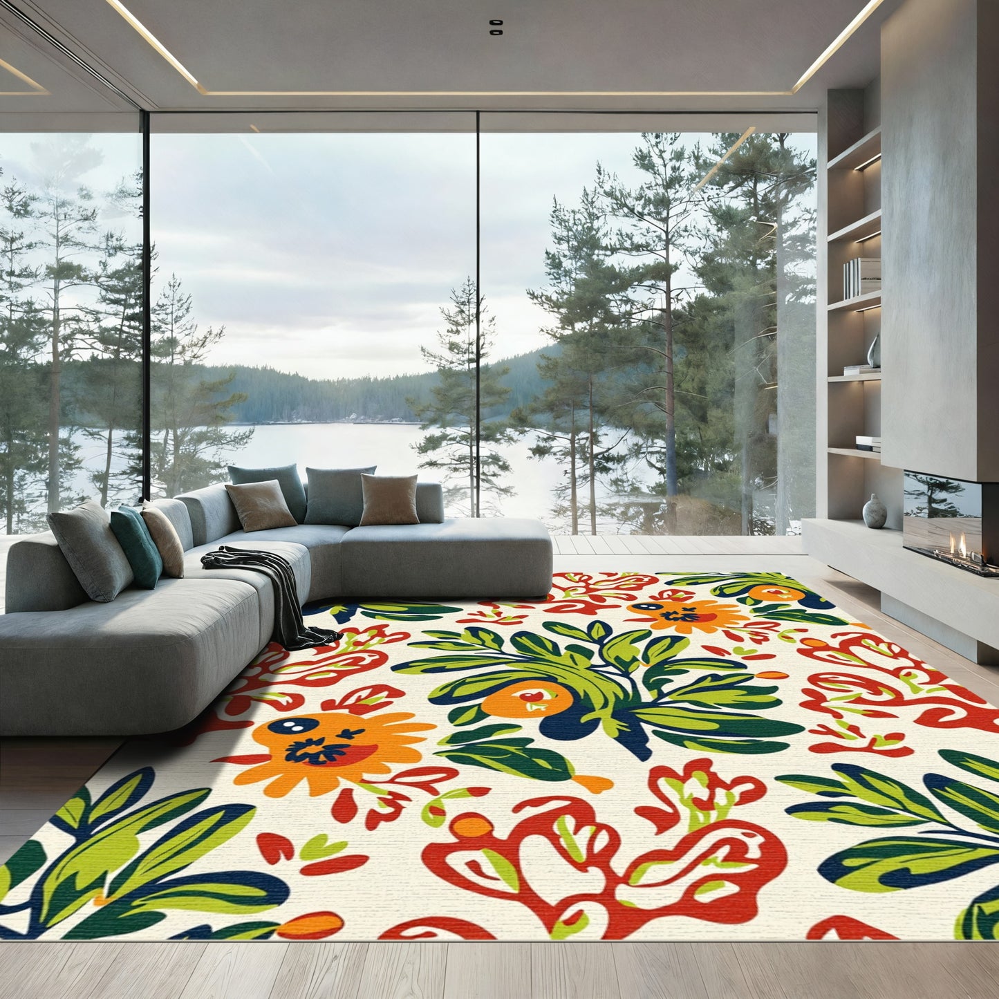 Bold Orange Abstract Floral Leaves Rug
