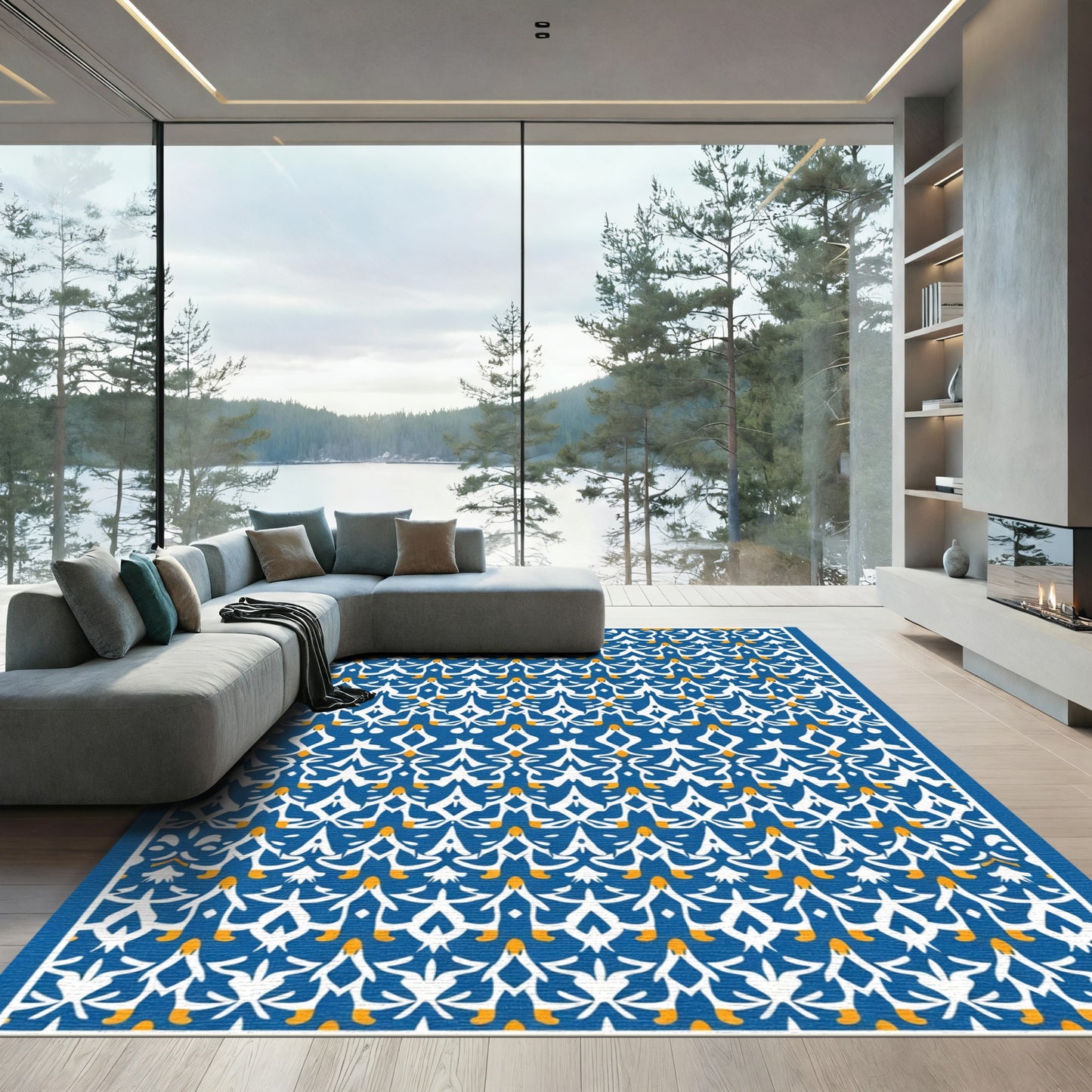 Blue White Golden Abstract Symmetry Rug