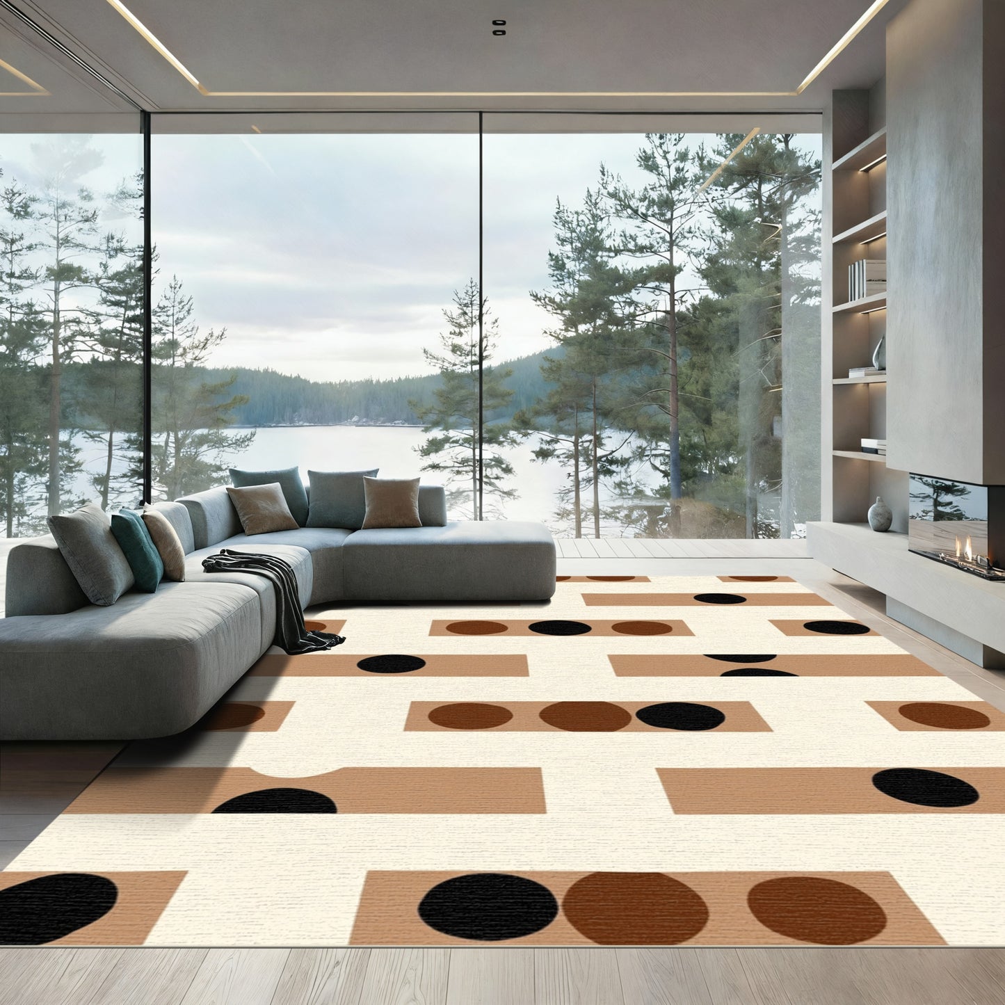 Brown Circles Geometric Stripes Rug