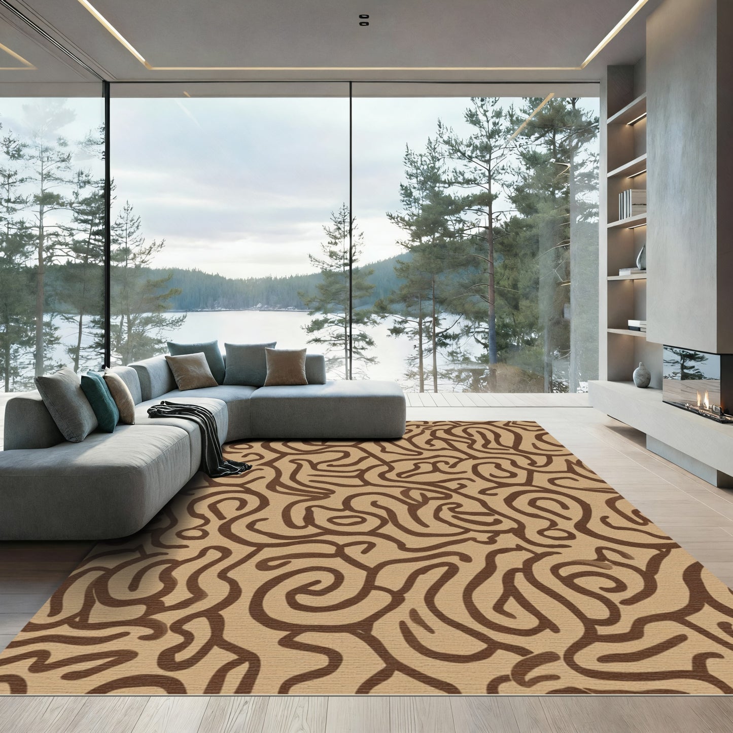 Abstract Brown Swirl Maze Rug