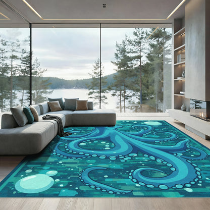 Turquoise Octopus Bubbles Underwater Rug