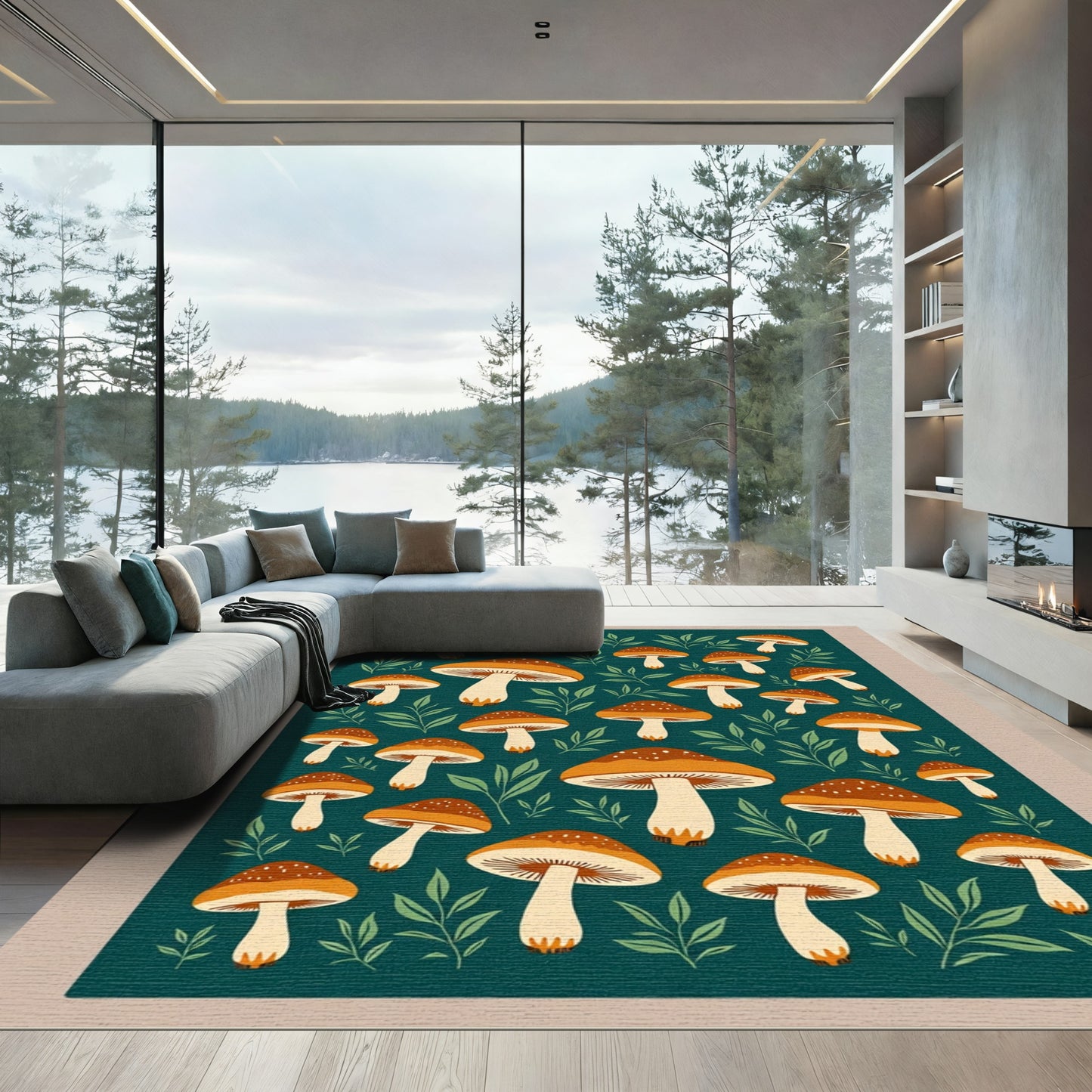 Whimsical Orange Mushroom Forest Rug