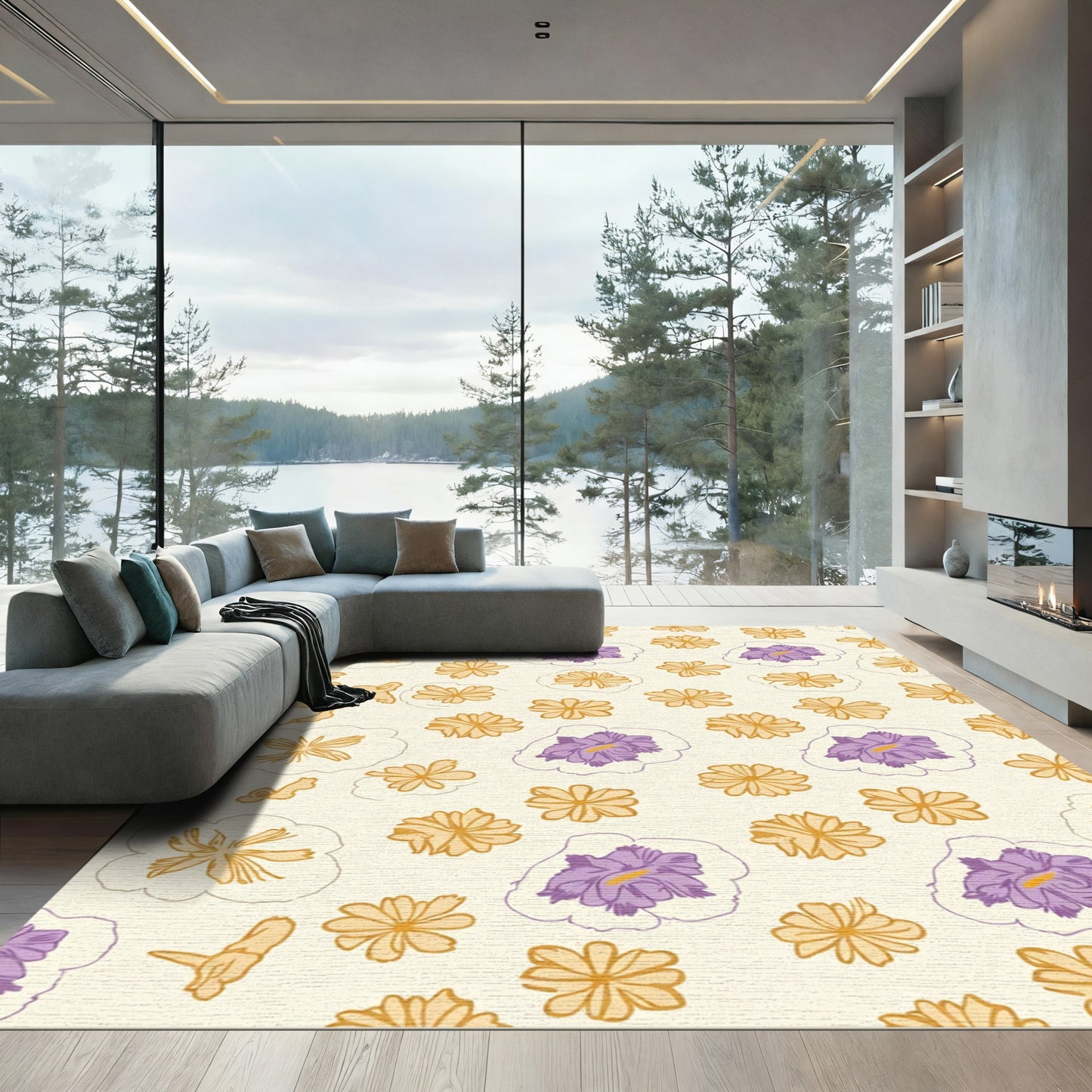Cream Golden Purple Floral Scatter Rug
