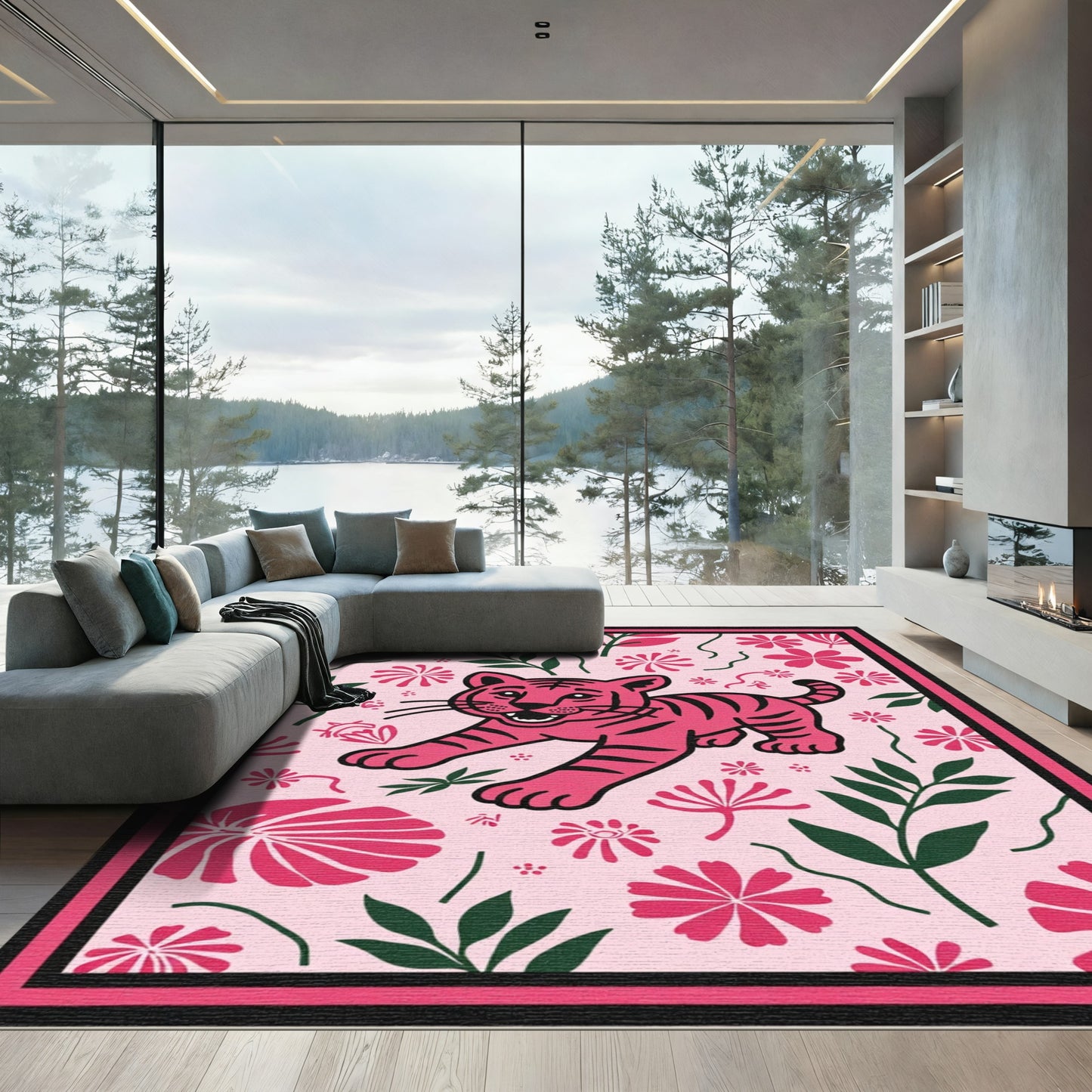Pink Tiger Floral Jungle Rug