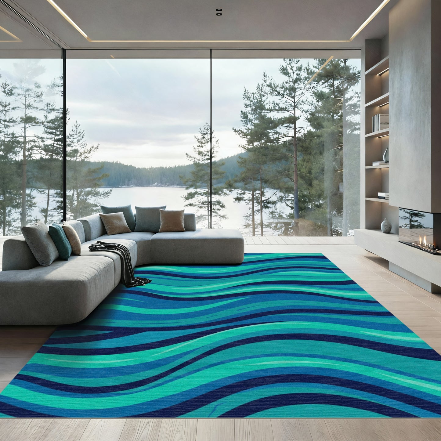 Oceanic Teal Blue Wavy Stripes Rug