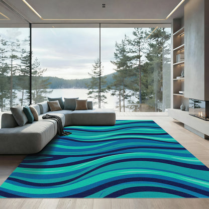 Oceanic Teal Blue Wavy Stripes Rug