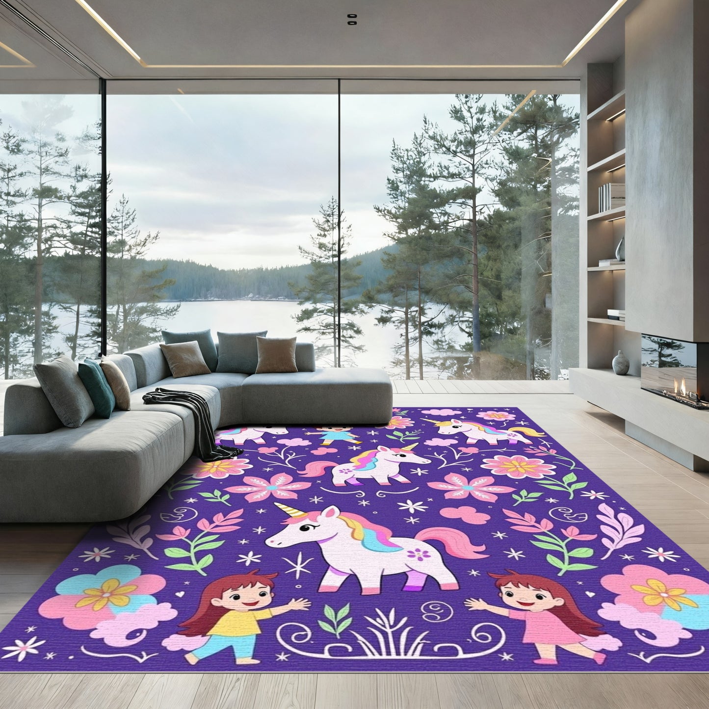 Whimsical Purple Unicorn and Girl Medley Rug