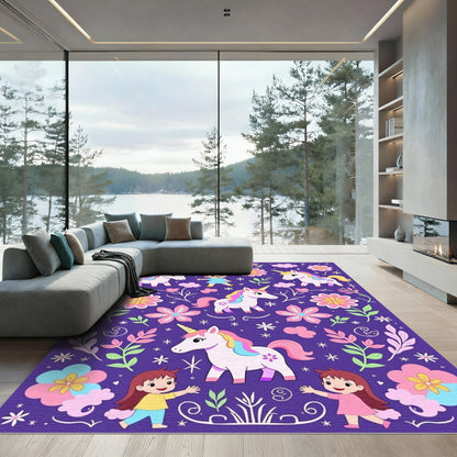 Whimsical Purple Unicorn and Girl Medley Rug