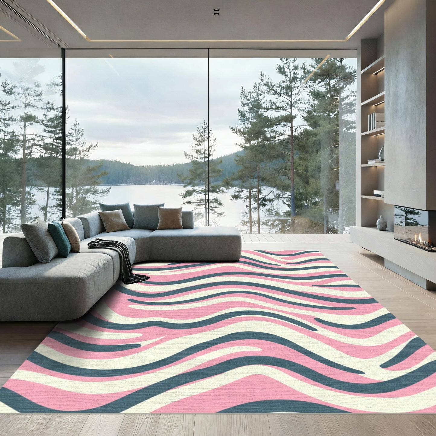 Retro Pink Cream Wavy Bands Rug