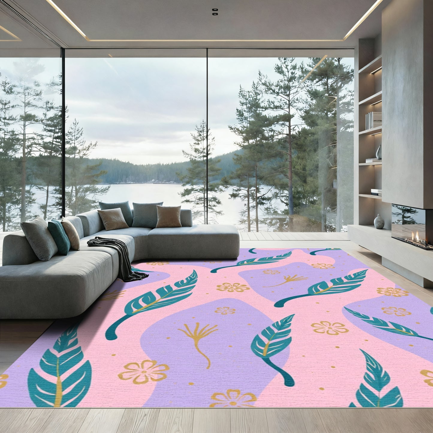 Lavender Teal Gold Floral Abstract Waves Rug