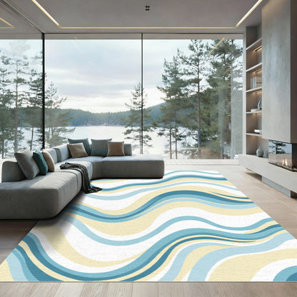 Serene Blue Cream Abstract Wave Rug