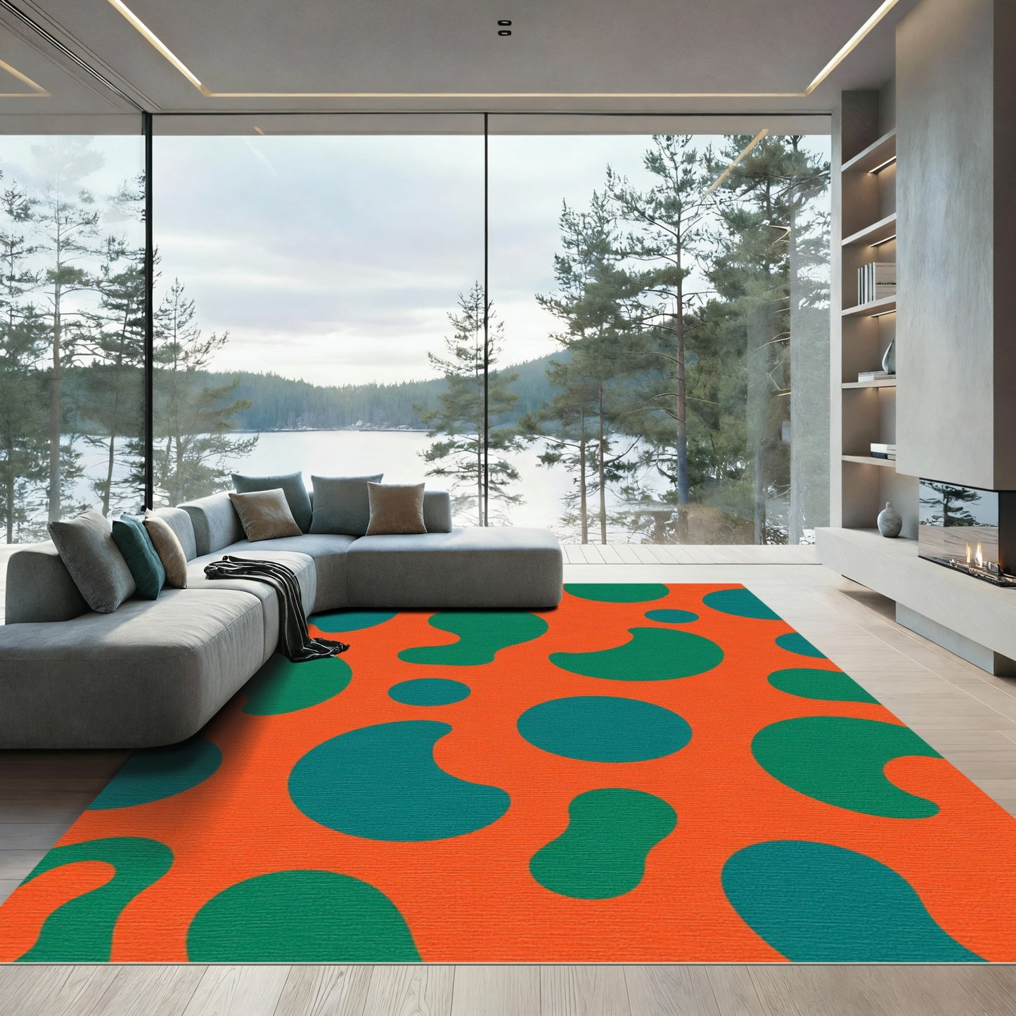 Vibrant Orange Teal Blob Rug