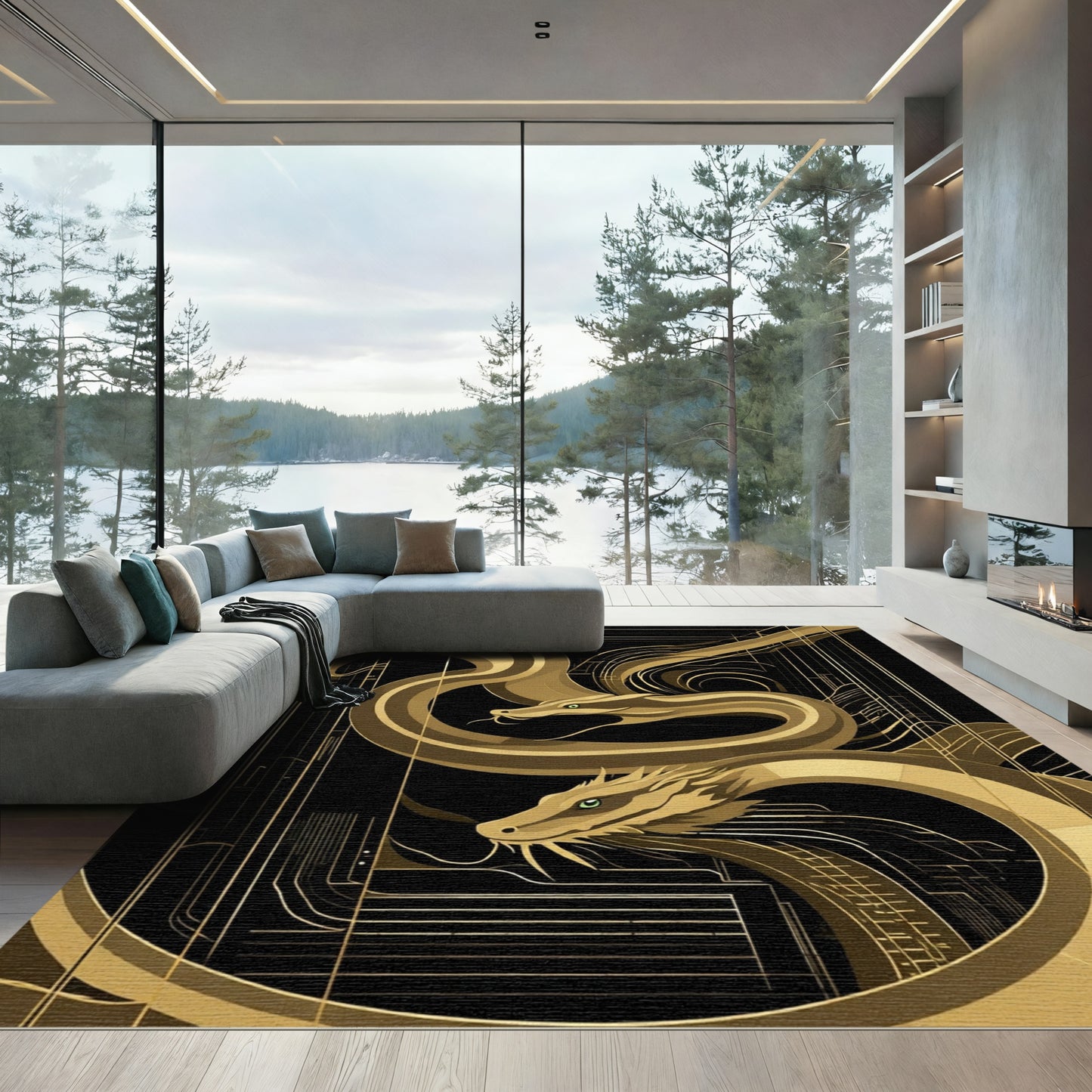 Golden Dragon Art Deco Majestic Serpents Rug