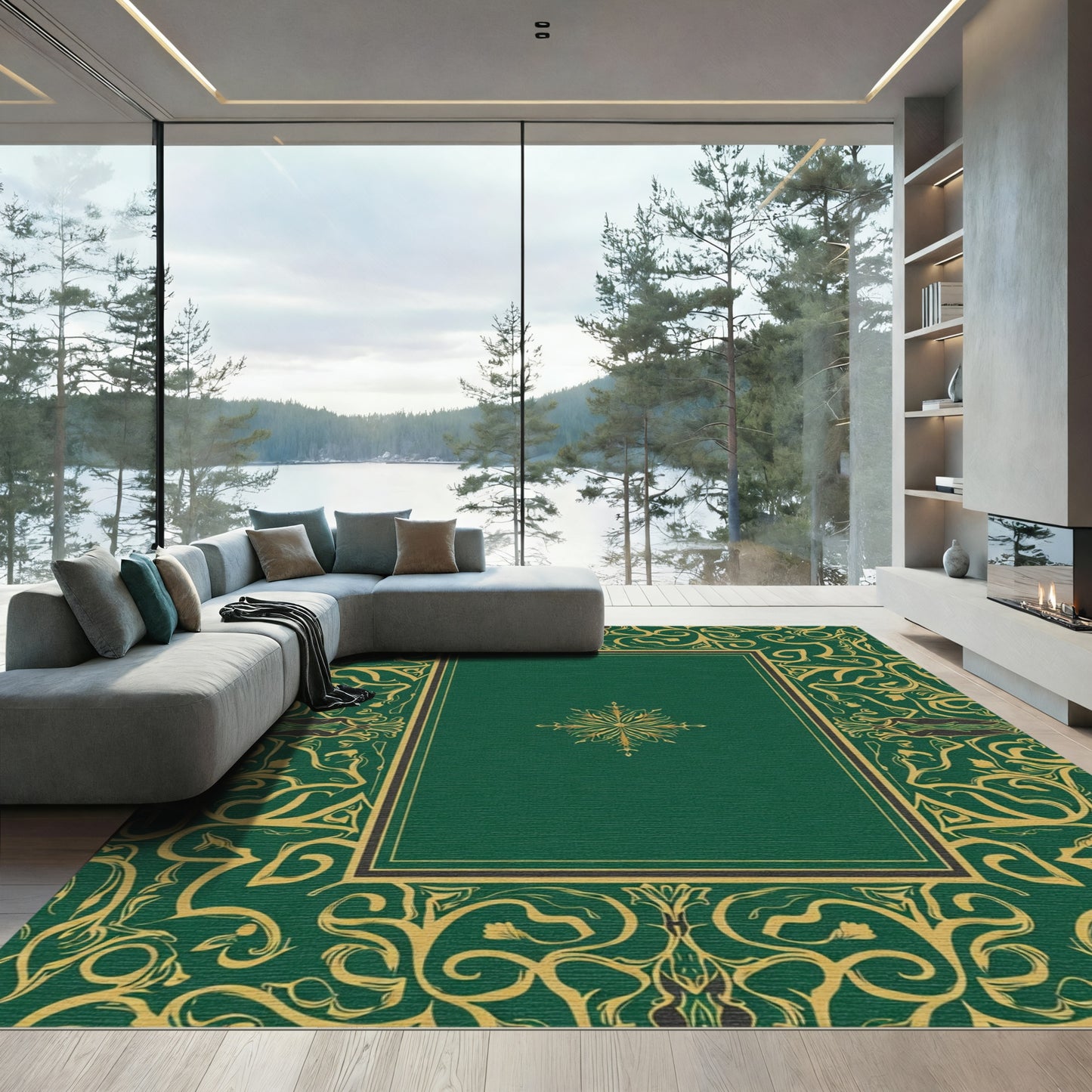 Emerald Gold Baroque Floral Framed Rug
