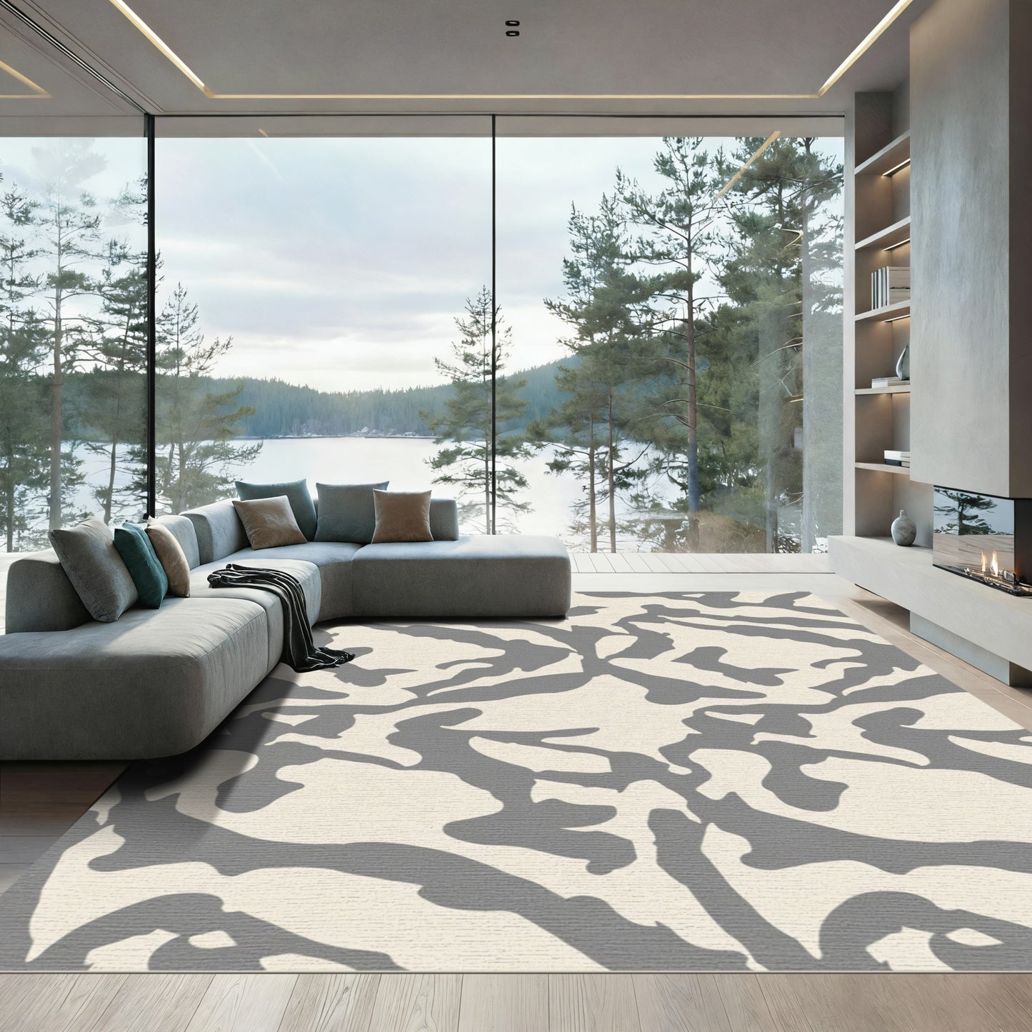 Cream Gray Organic Abstract Art Rug
