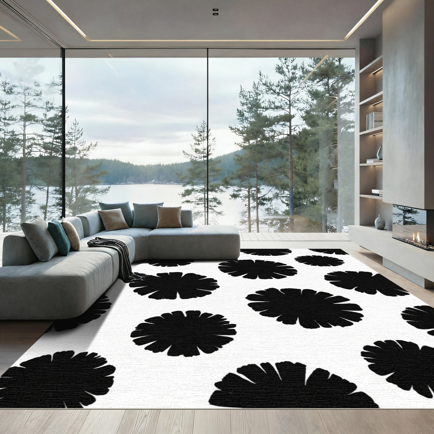 Black Abstract Floral Scatter Rug