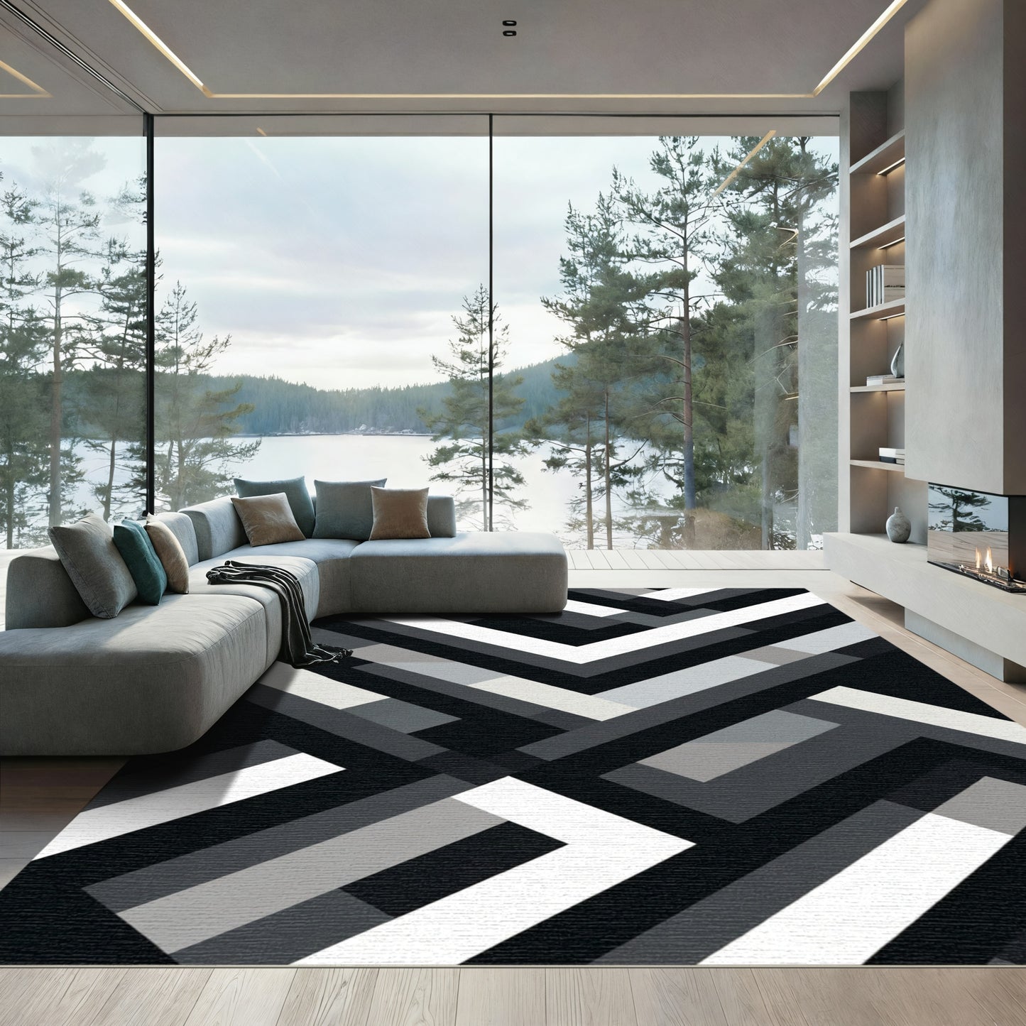 Monochrome Interlocking Geometric Blocks Rug
