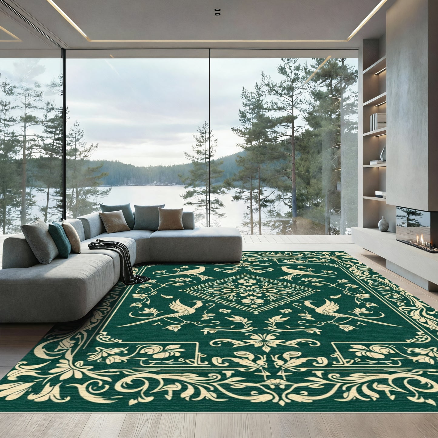 Emerald Ivory Bird Floral Medallion Rug