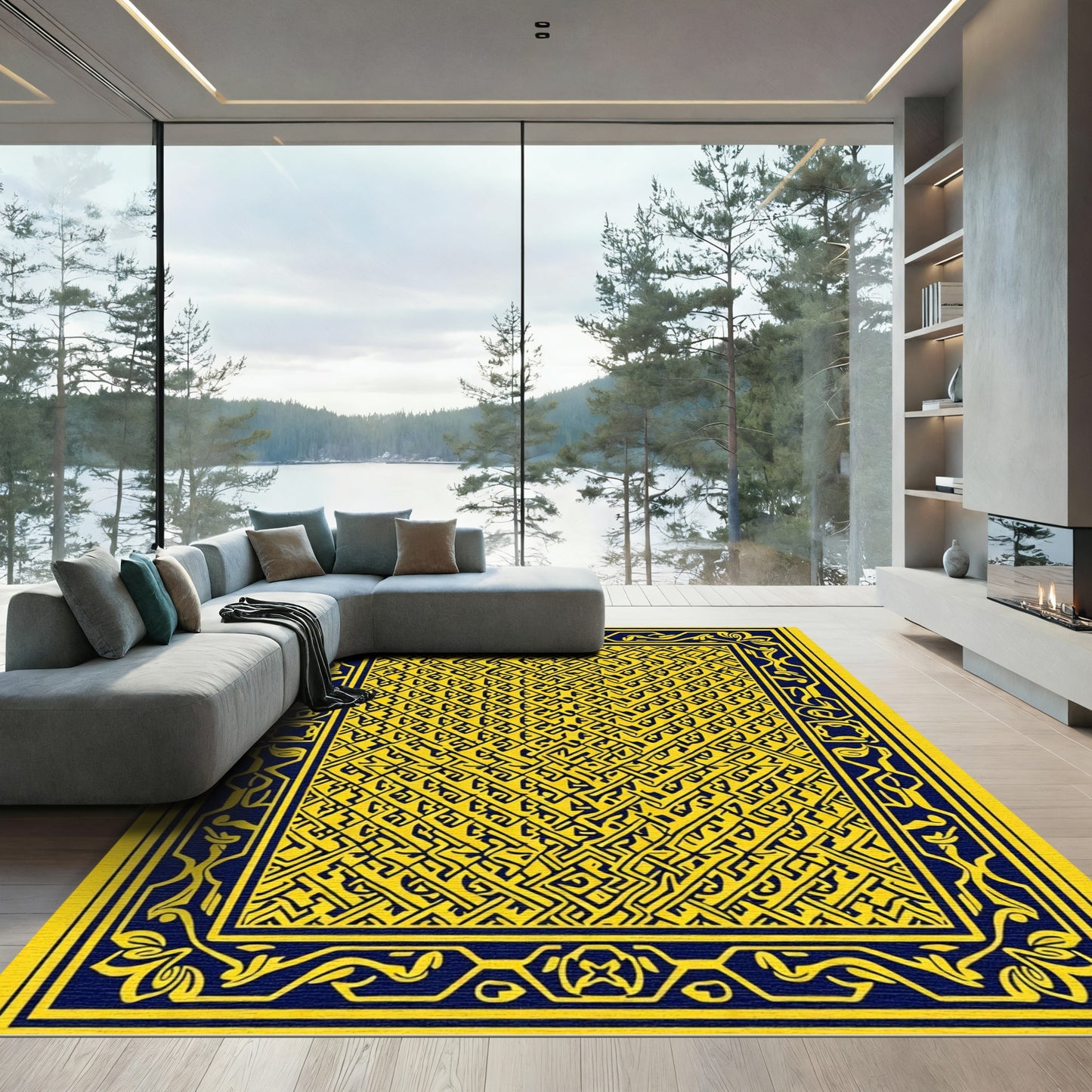 Ornate Yellow Blue Interlocking Geometric Rug
