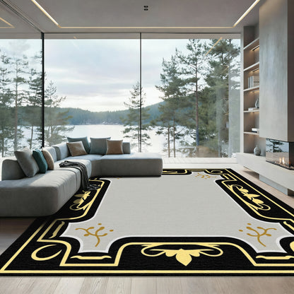 Black Gold Gray Leaf Frame Rug
