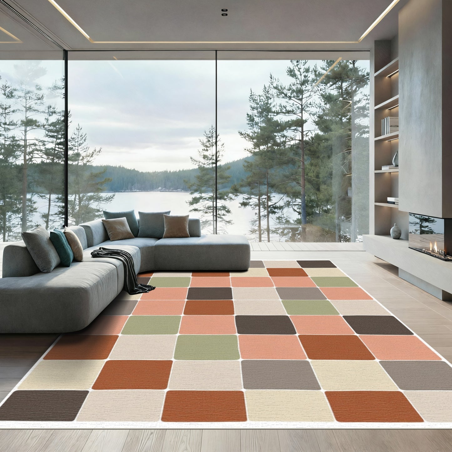 Terracotta Coral Gray Soft Squares Rug