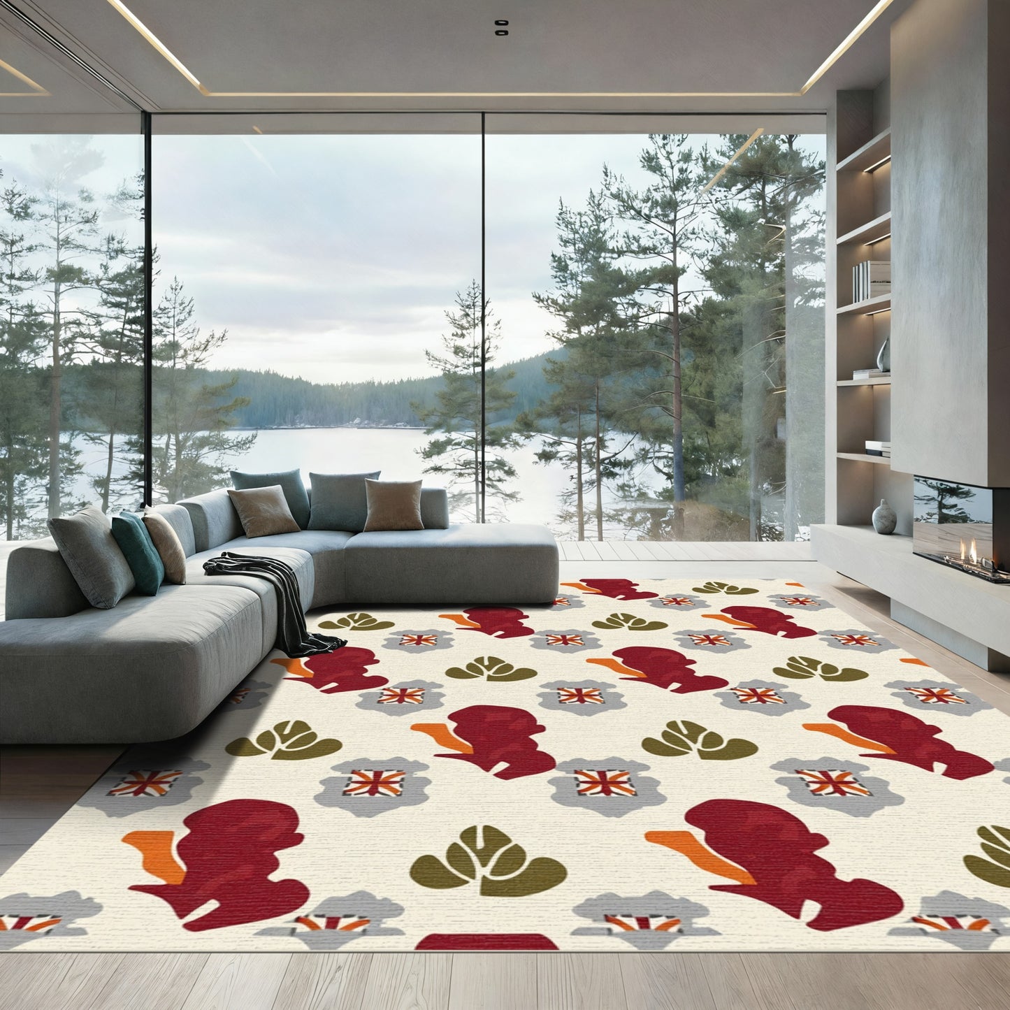 Crimson Leaf Emblem Arrangement Rug