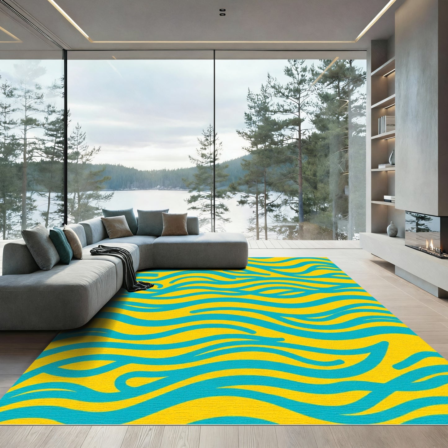 Bright Yellow Aqua Swirl Ocean Rug