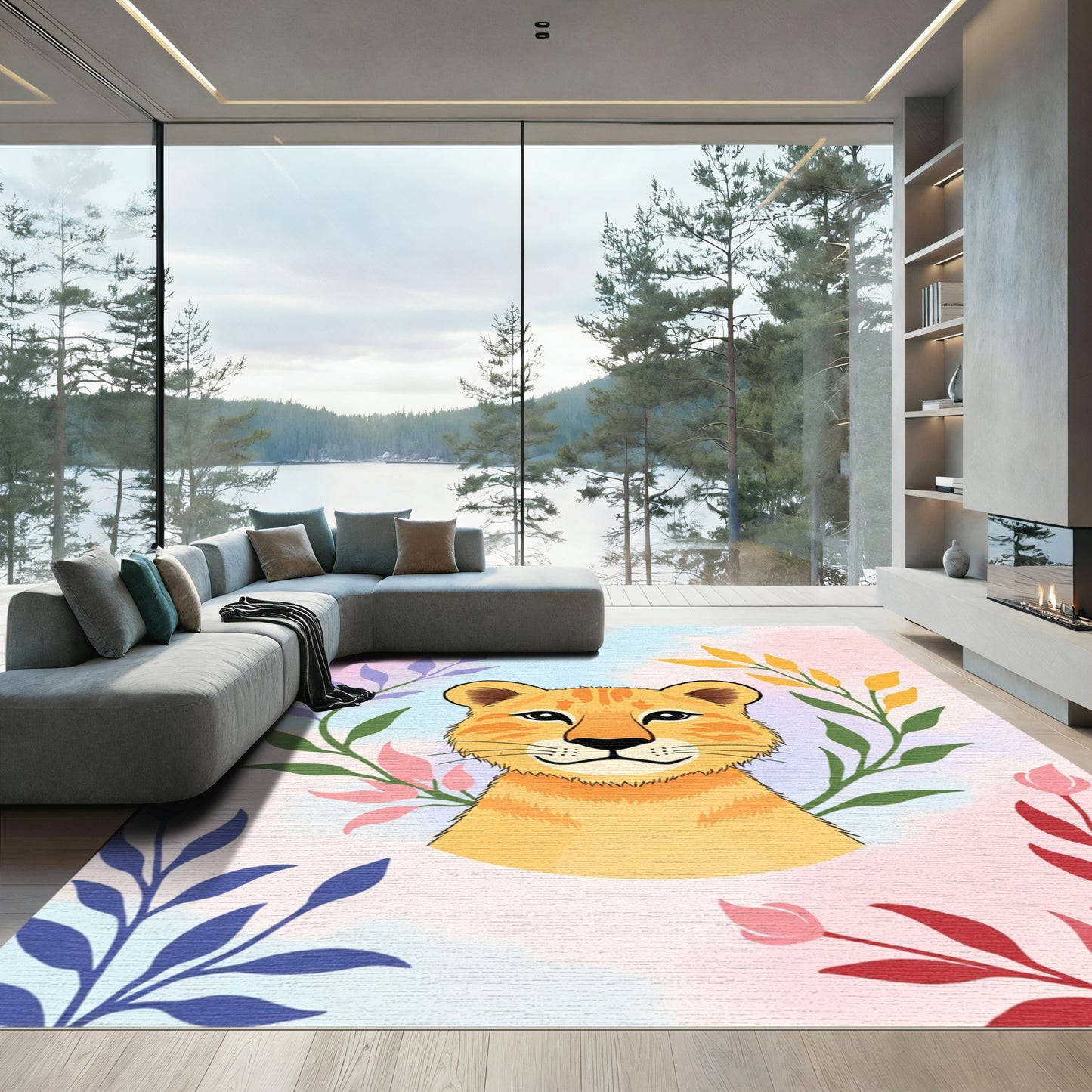 Whimsical Lion Cub Floral Garland Rug