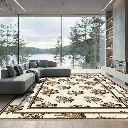 Golden Brown Floral Border Cream Rug