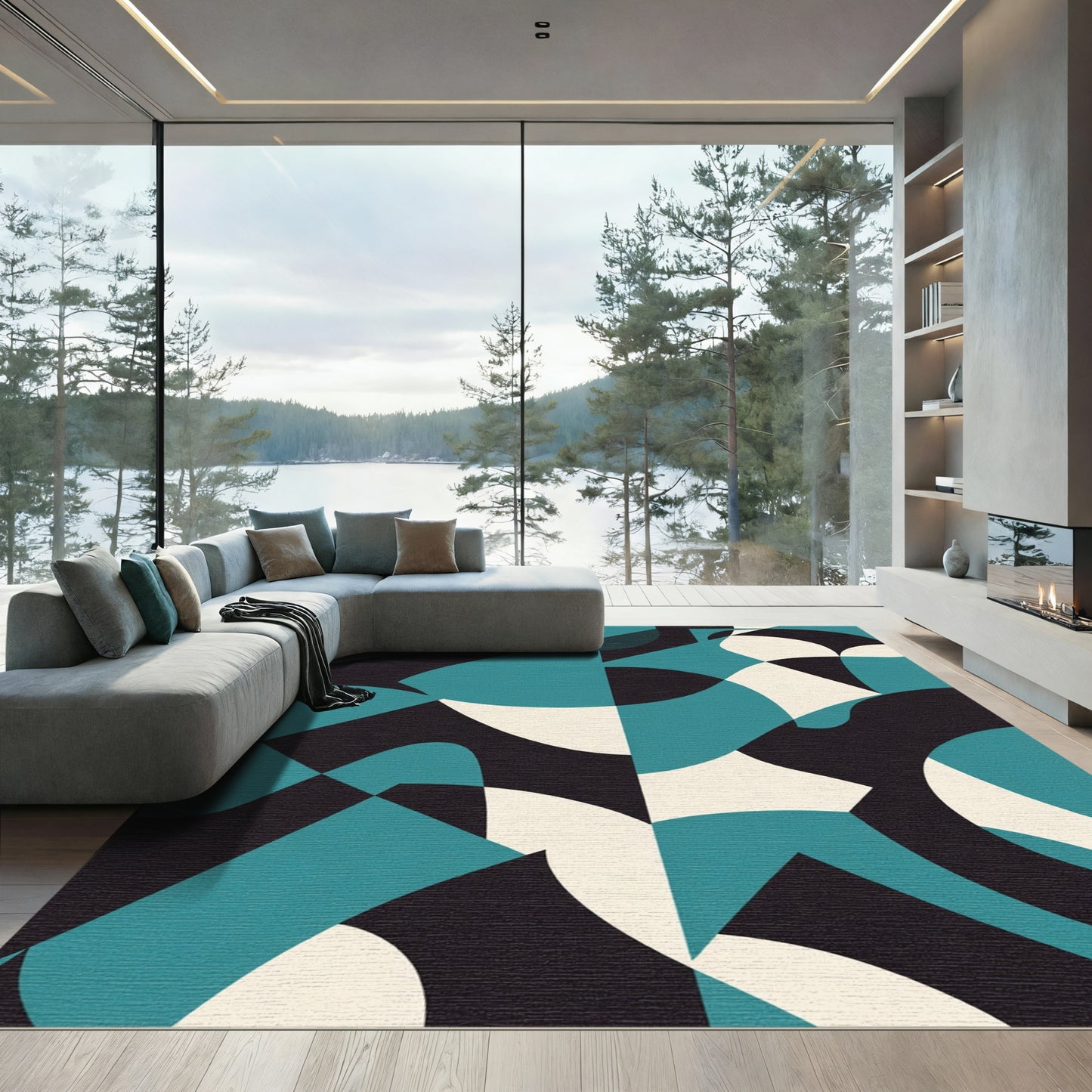 Teal Cream Black Abstract Art Rug