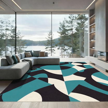 Teal Cream Black Abstract Art Rug