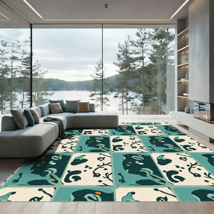 Teal And Cream Abstract Botanical Rug