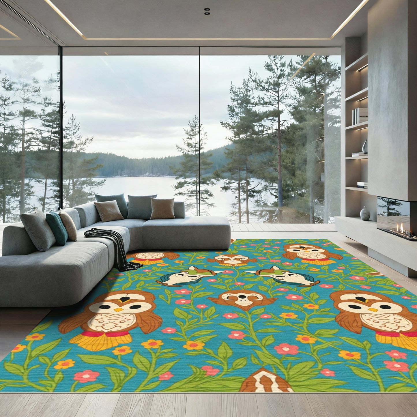 Whimsical Owl Floral Garden Teal Rug