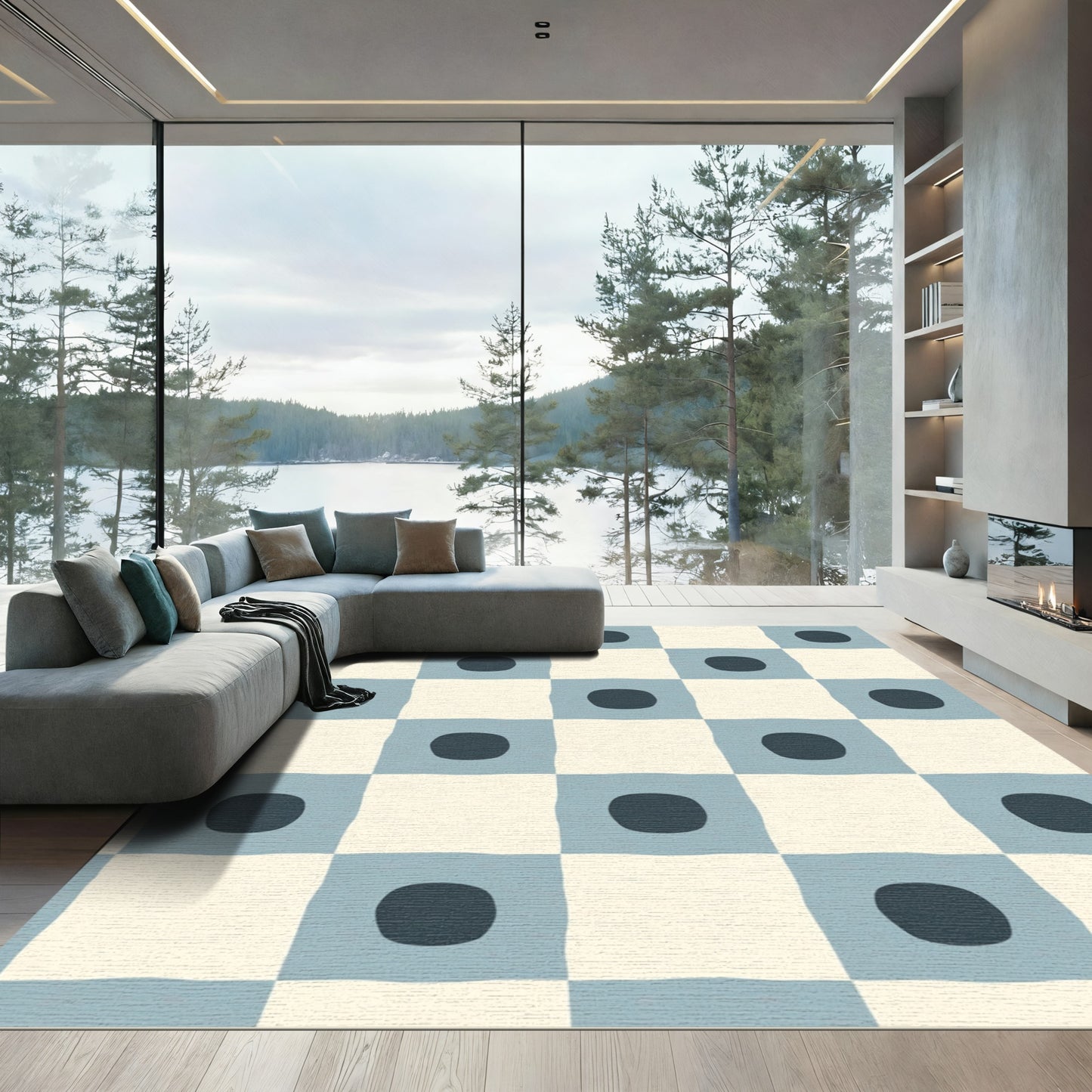 Soft Blue Checkerboard Dot Rug