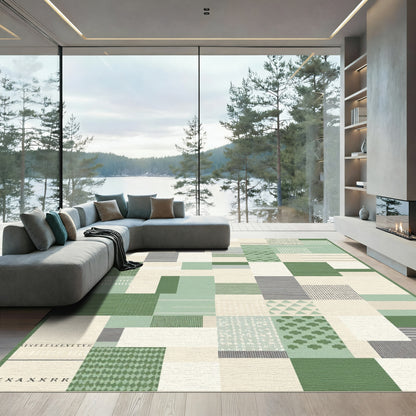 Patchwork Emerald and Beige Geometric Rug