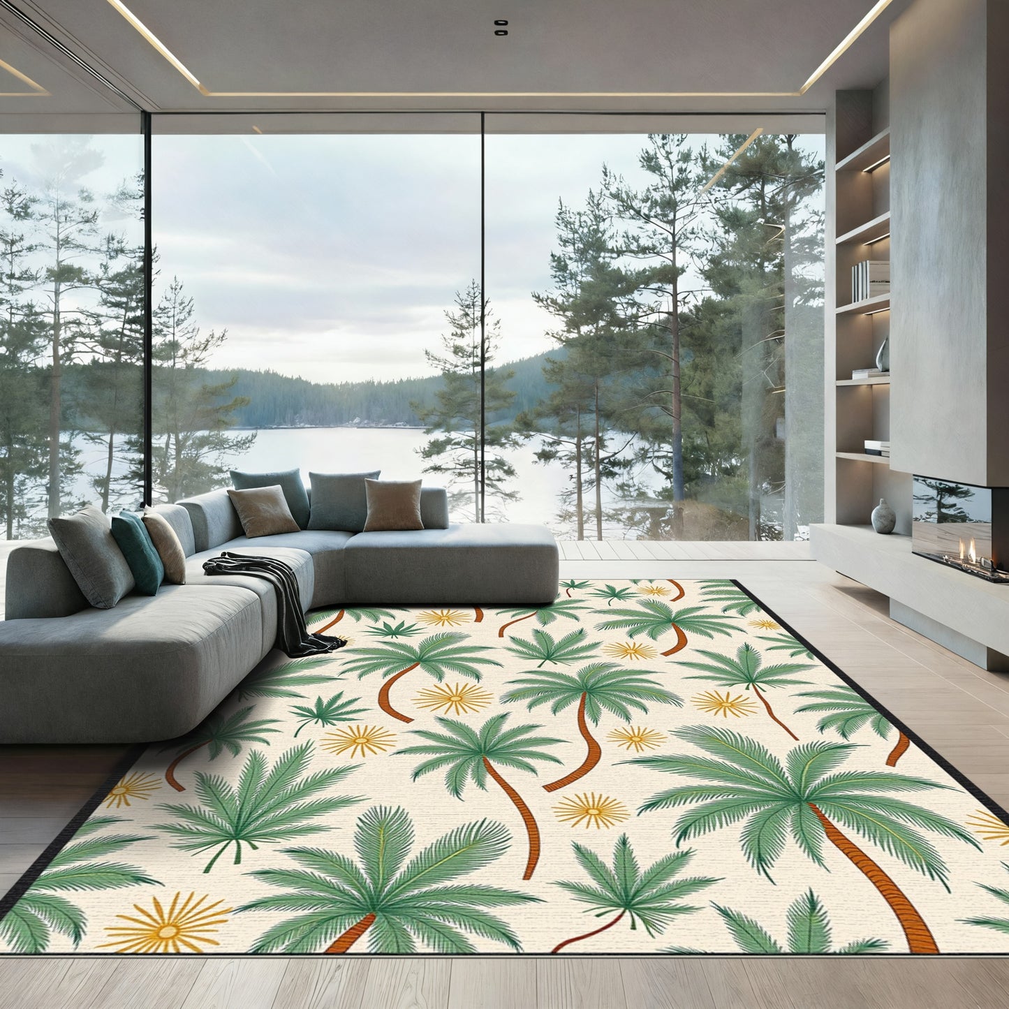 Green Coconut Palms Yellow Sunburst Pattern Rug
