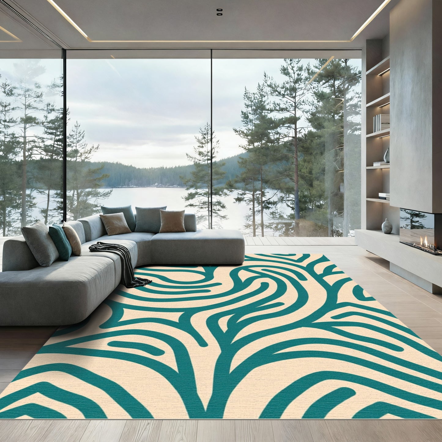 Teal Abstract Swirl Lines Rug