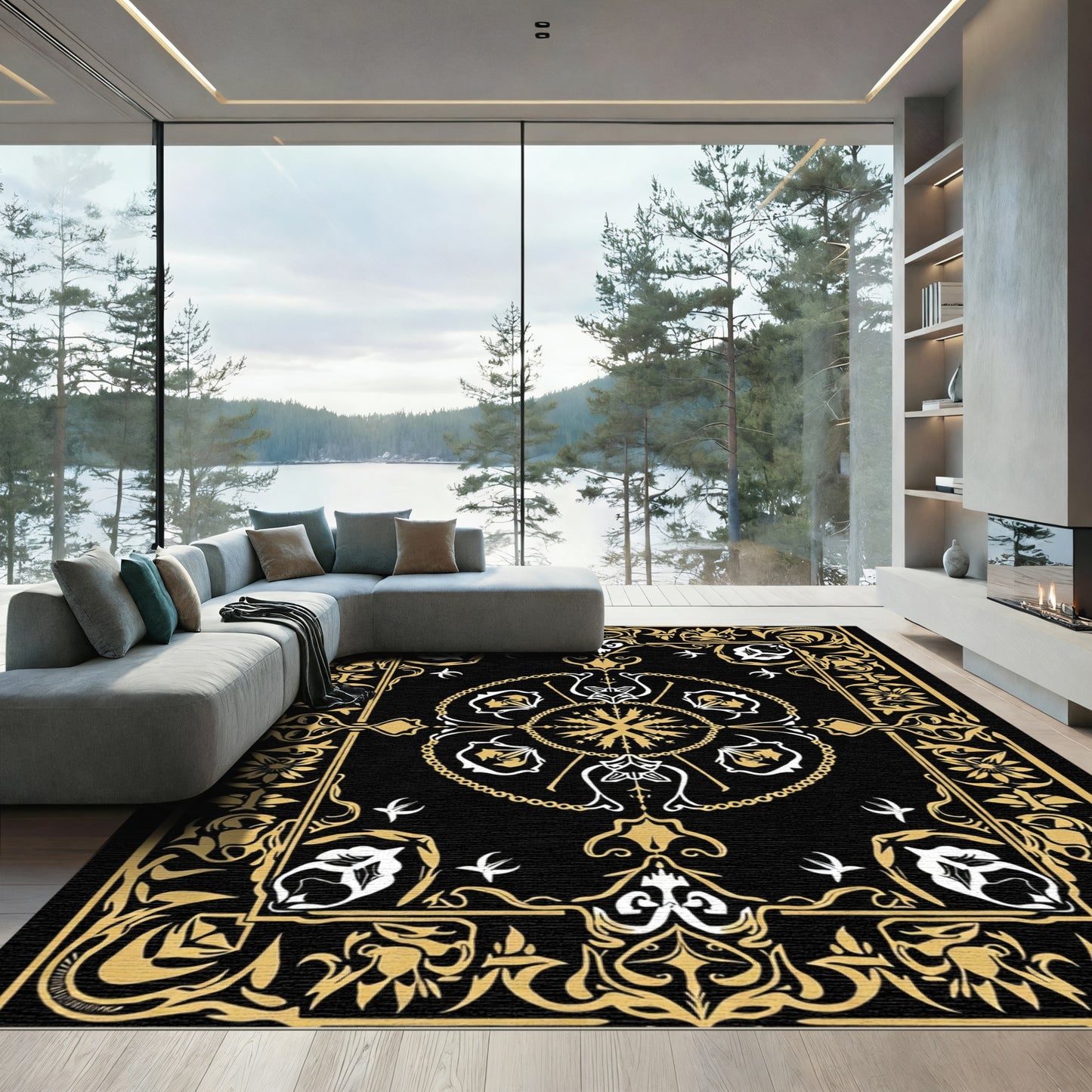 Black Gold Scrollwork Floral Medallion Rug