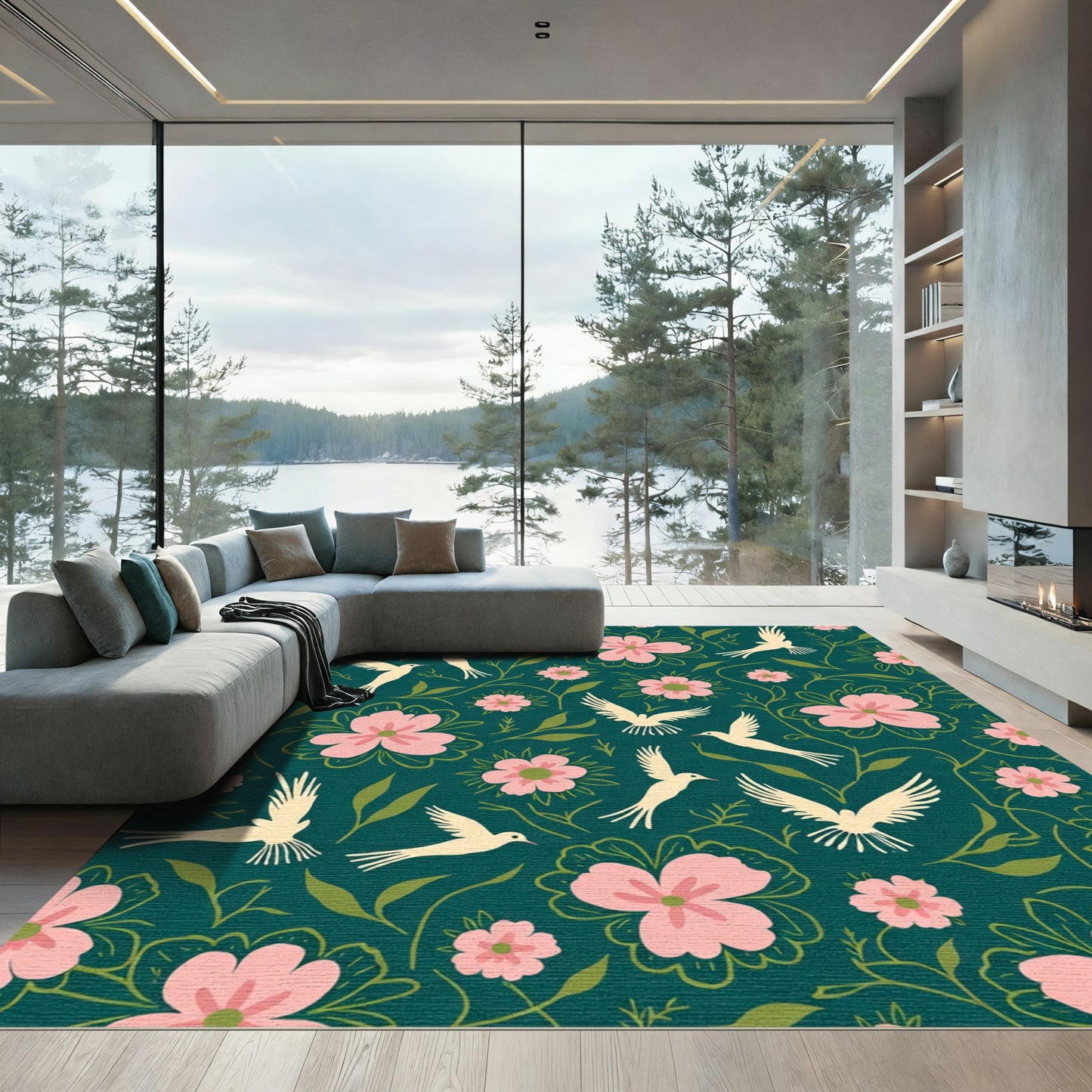 Whimsical Cream Birds Pink Floral Vines Rug