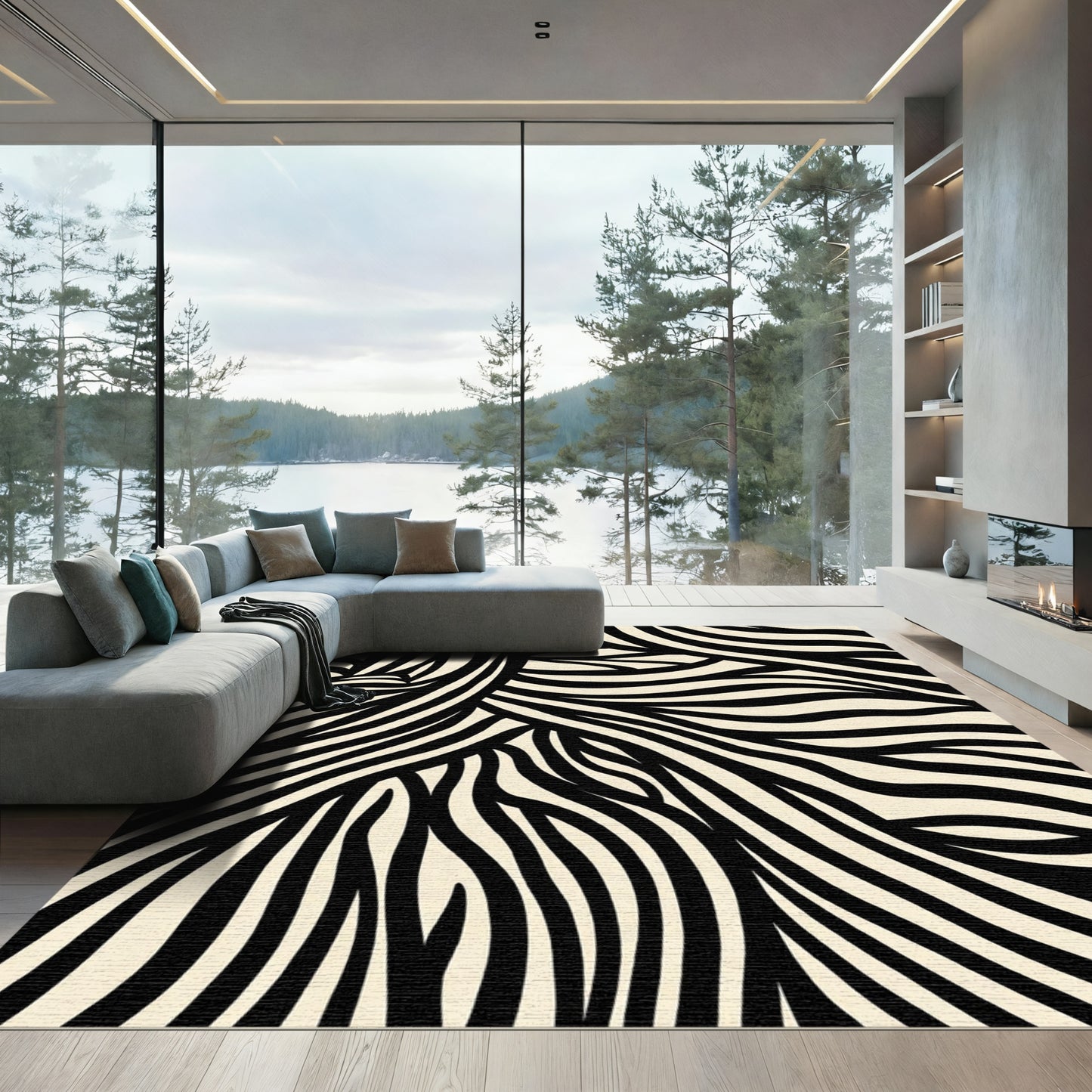Abstract Black Cream Zebra Stripe Rug