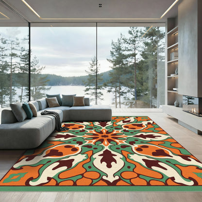 Orange Green Cream Abstract medallion Rug