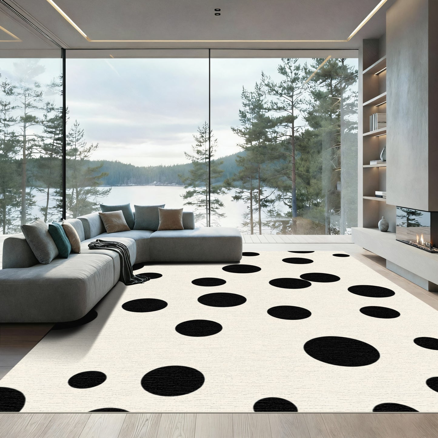 Black Polka Dot Cream Abstract Rug