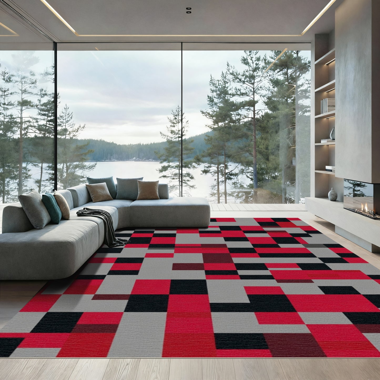 Red Black Gray Geometric Blocks Rug
