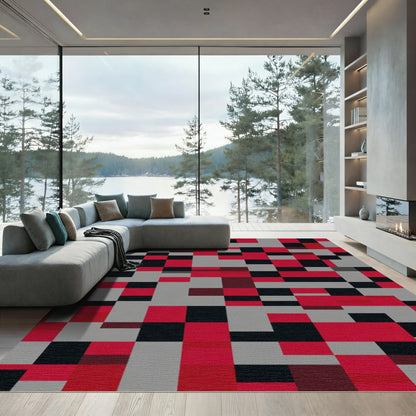 Red Black Gray Geometric Blocks Rug